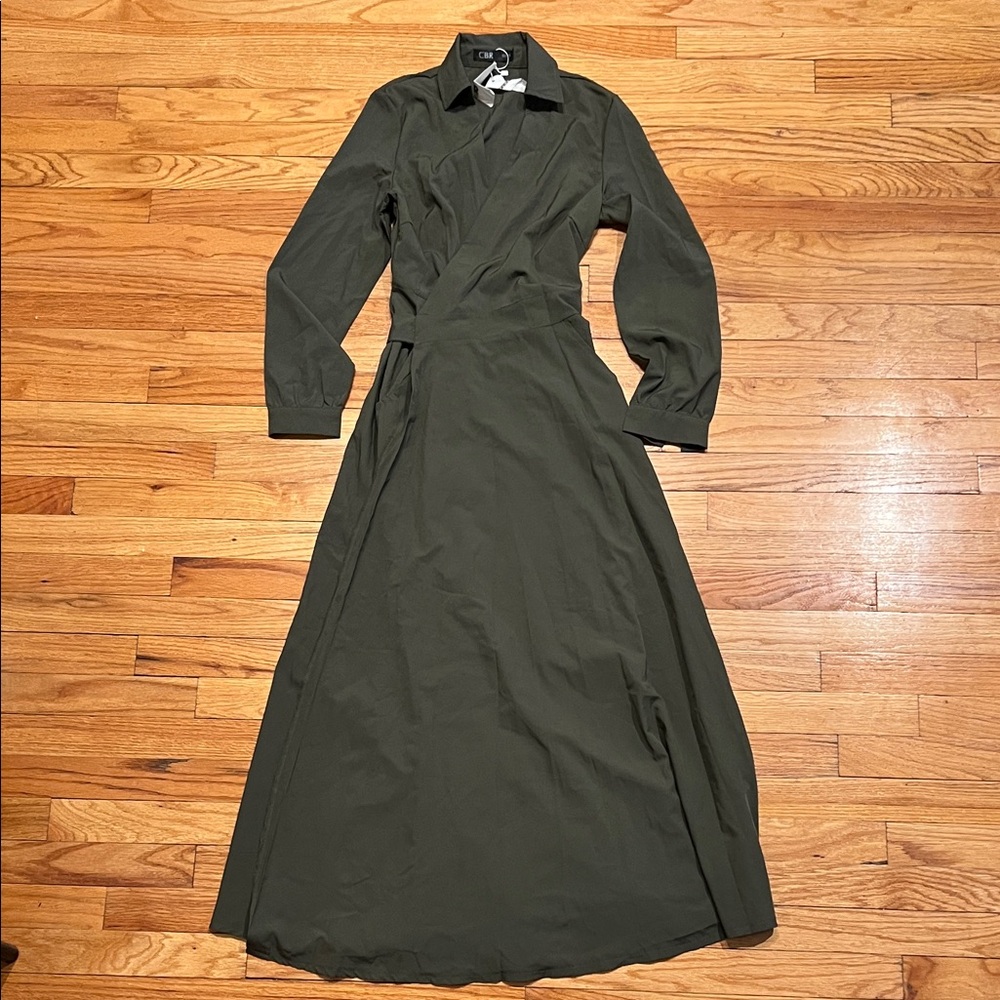 Flowy Elegant Olive Green Maxi Wrap Dress with Tie